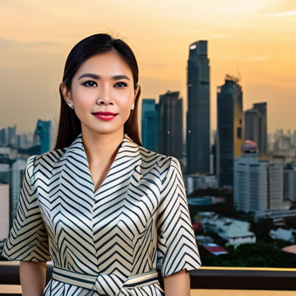 **
"A successful Thai businesswoman in a tailored, modest silk dress, standing in front of the Bangkok skyline during sunset, fully clothed, appropriate attire, safe for work, perfect anatomy, natural pose, professional corporate photography, high quality, 8k resolution."
**