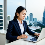 Home 16 Modern Bangkok Office**
Prompt: A professional Thai businesswoman in a modern, brightly lit office in Bangkok, fully clothed in a stylish and modest business suit, working on a laptop with a view of the cityscape, appropriate attire, safe for work, perfect anatomy, natural proportions, professional photography, high quality, family-friendly.
**