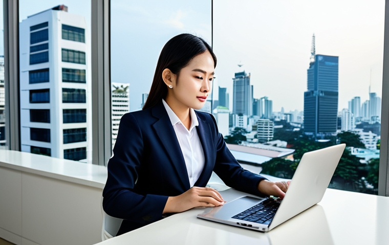 Modern Bangkok Office**
Prompt: A professional Thai businesswoman in a modern, brightly lit office in Bangkok, fully clothed in a stylish and modest business suit, working on a laptop with a view of the cityscape, appropriate attire, safe for work, perfect anatomy, natural proportions, professional photography, high quality, family-friendly.
**