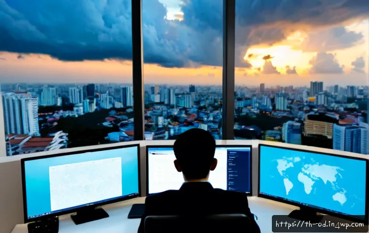 Home 17 SIEM 시스템의 클라우드 기반 구축 장점 - Photorealistic modern Bangkok cybersecurity operations office, Thai IT professionals monitoring a cl...
